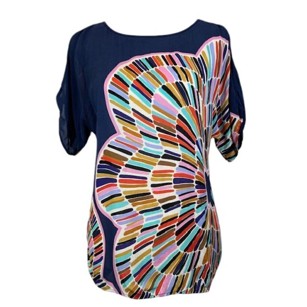 Tibi Silk Print Cold Shoulder Tunic Blouse Navy with multicolor Size 2